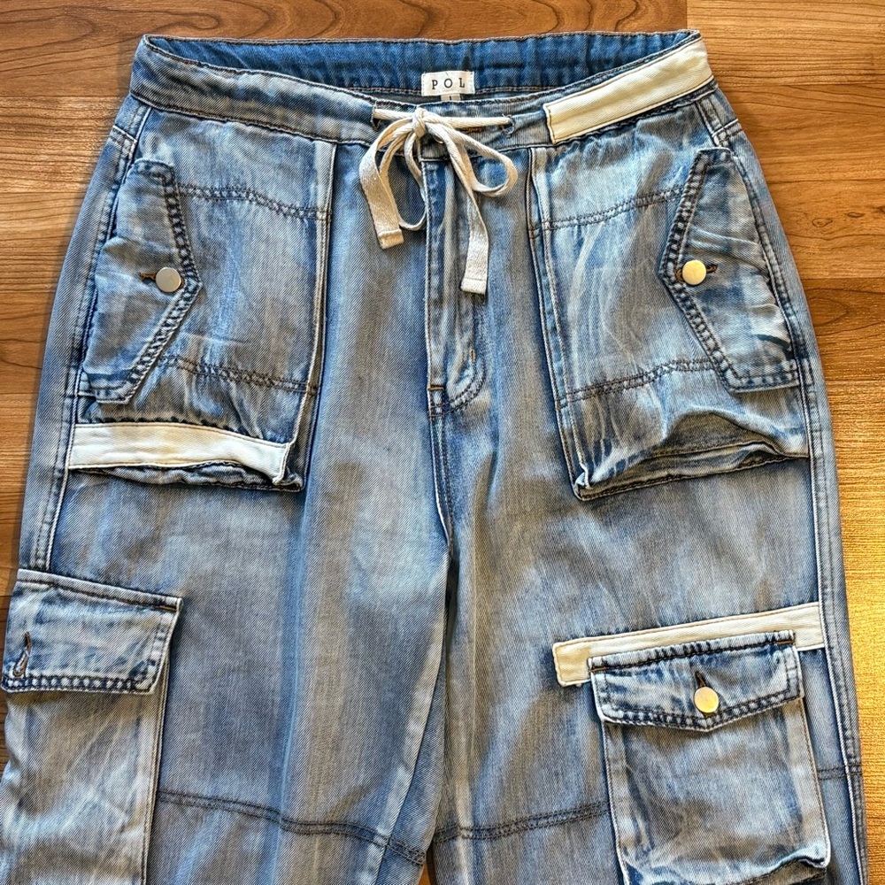 POL Multi Cargo Pocket Drawstring Waist Baggy Denim Joggers Women’s Large - Picture 3 of 15